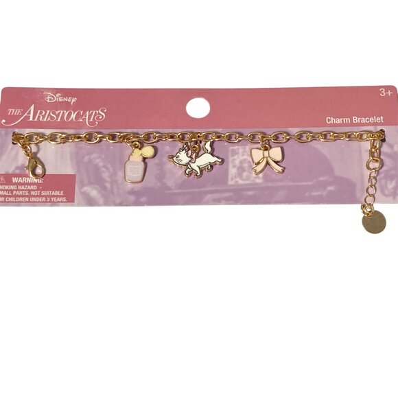 Disney Aristocats Marie Cat Charm Bracelet Pink Bow Signed 7-8" White Gold Tone - Picture 3 of 13